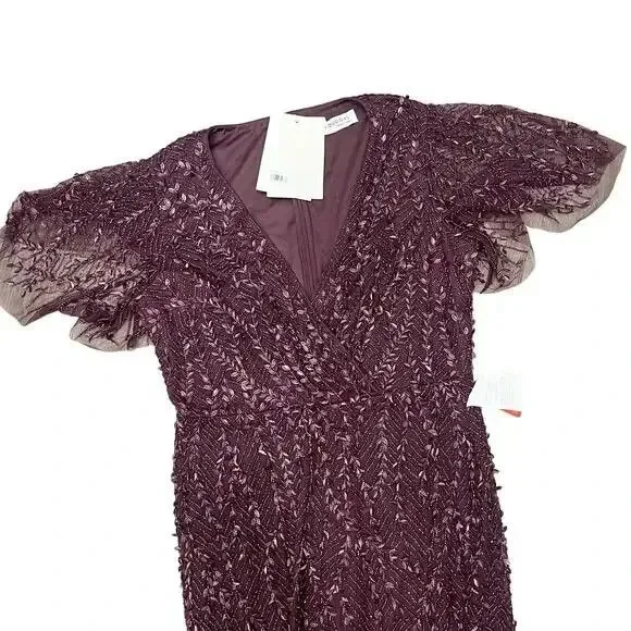 Mac Duggal Blush Flutter Sleeve Embellished‎ Sequin Gown 35109 $698 AUBERGINE